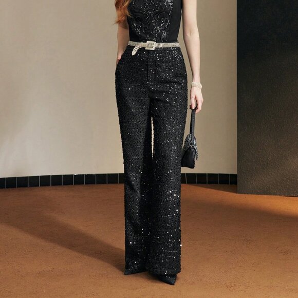 Black Party Women's Sequin Tailored Flare Leg Suit Pants - Picture 8 of 8